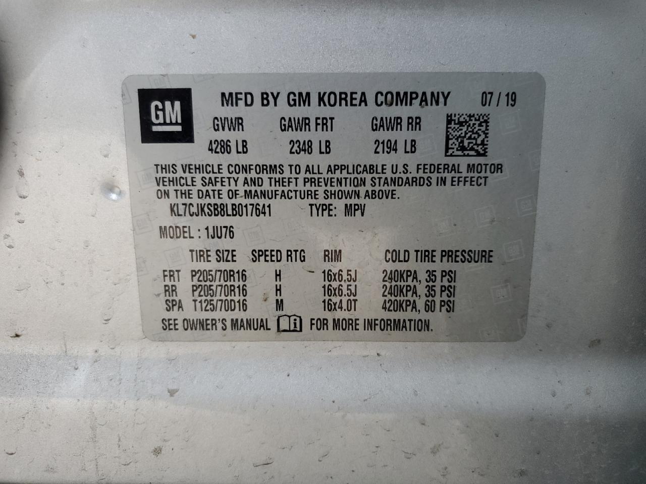 KL7CJKSB8LB017641 CHEVROLET TRAX 2020