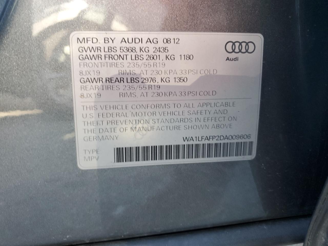 VIN WA1LFAFP2DA009606 2013 AUDI Q5 no.13