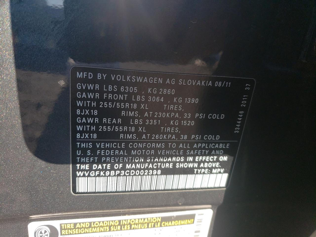 2012 Volkswagen Touareg V6 Tdi VIN: WVGFK9BP3CD002398 Lot: 62263125