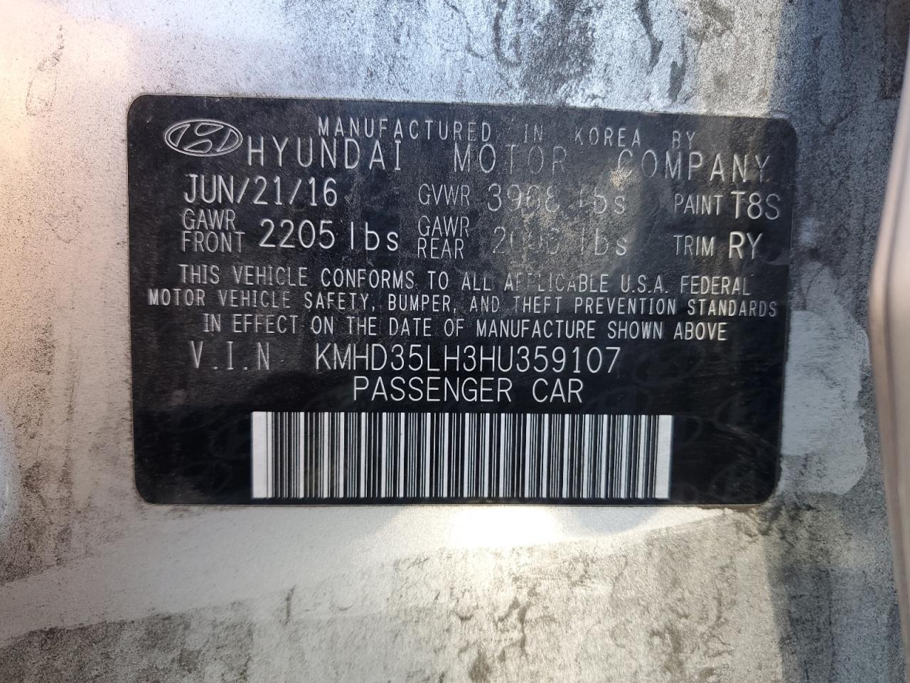 VIN KMHD35LH3HU359107 2017 HYUNDAI ELANTRA no.12