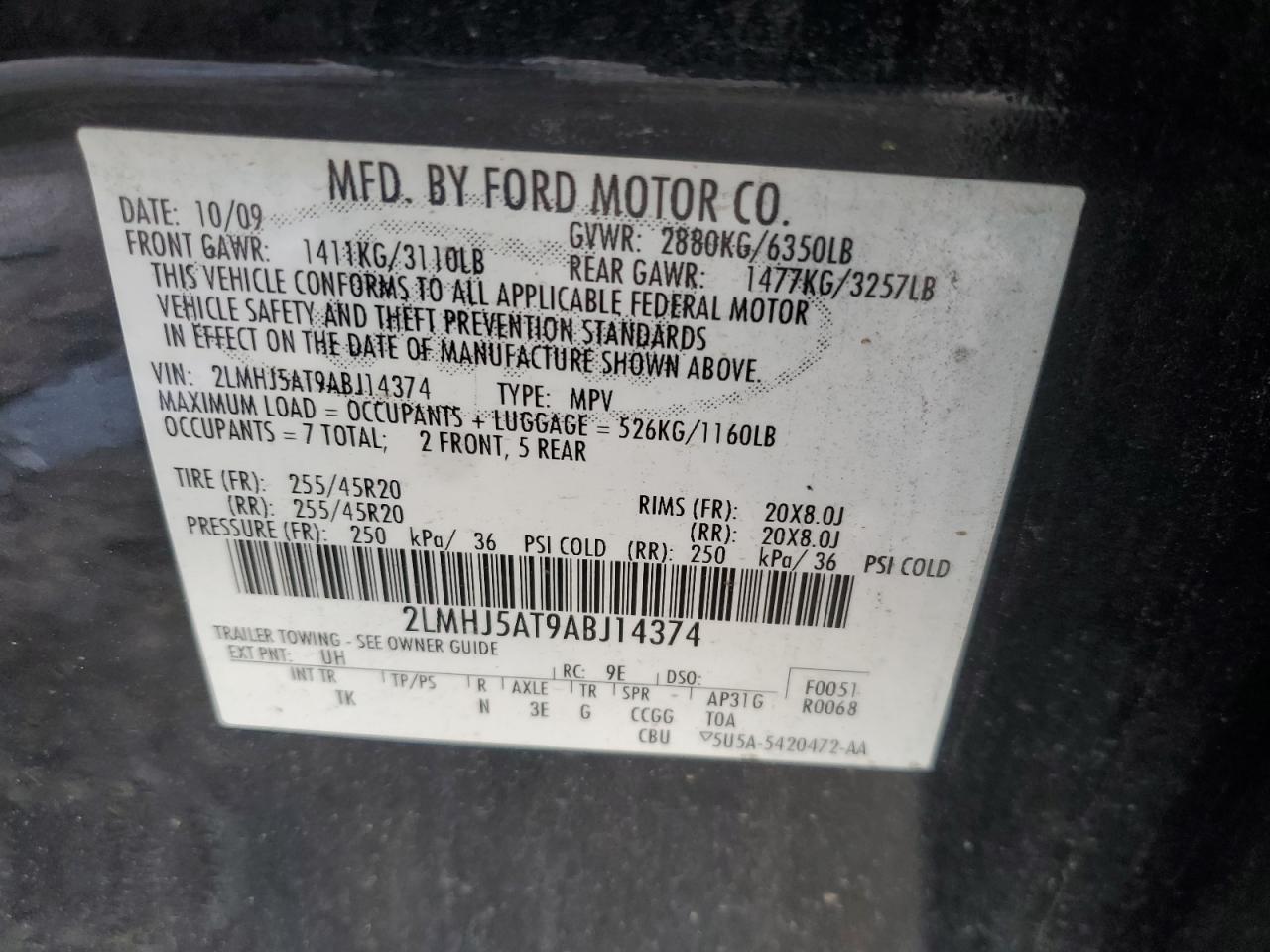 2010 Lincoln Mkt VIN: 2LMHJ5AT9ABJ14374 Lot: 43264535