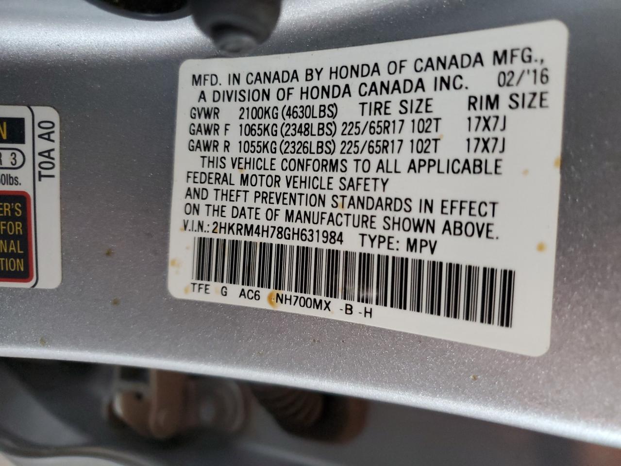 2016 Honda Cr-V Exl VIN: 2HKRM4H78GH631984 Lot: 87088454