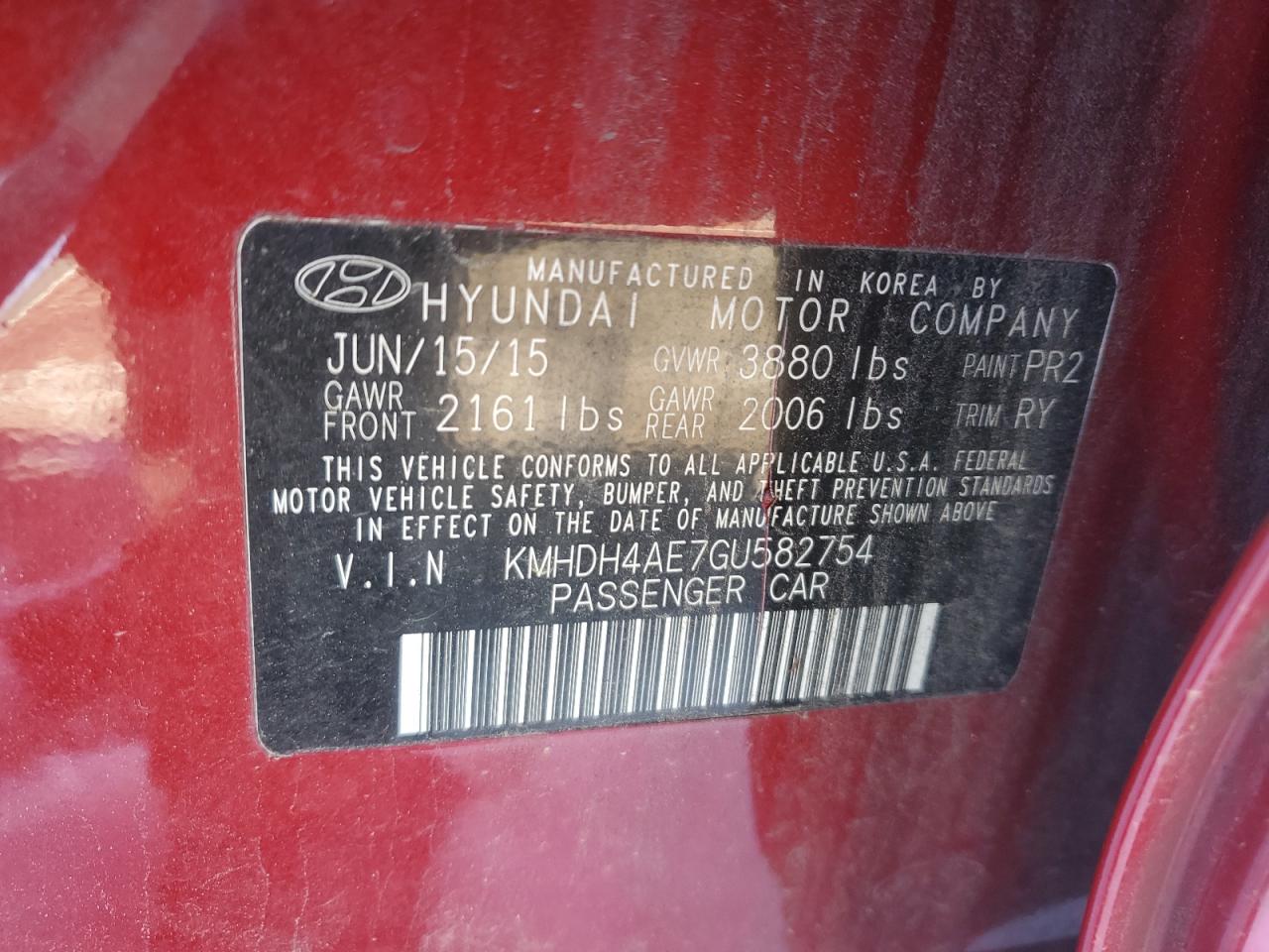 VIN KMHDH4AE7GU582754 2016 HYUNDAI ELANTRA no.12