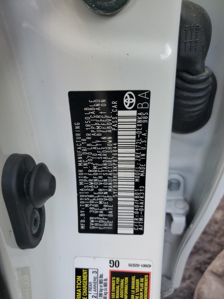 2019 Toyota Corolla L VIN: 876844 Lot: 42595615