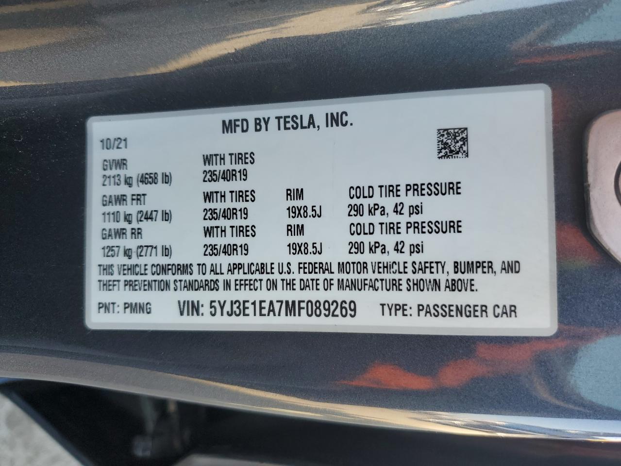 VIN 5YJ3E1EA7MF089269 2021 TESLA MODEL 3 no.12