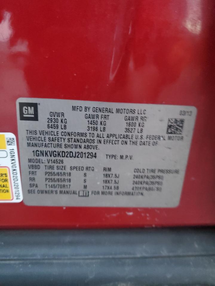 2013 Chevrolet Traverse Lt VIN: 1GNKVGKD2DJ201294 Lot: 87230184