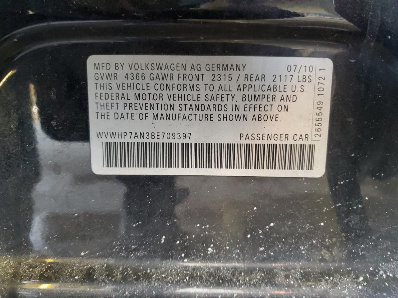 2011 Volkswagen Cc Luxury VIN: WVWHP7AN3BE709397 Lot: 41850935