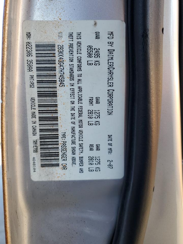 2007 Dodge Charger Se VIN: 2B3KK43G47H745845 Lot: 42794845