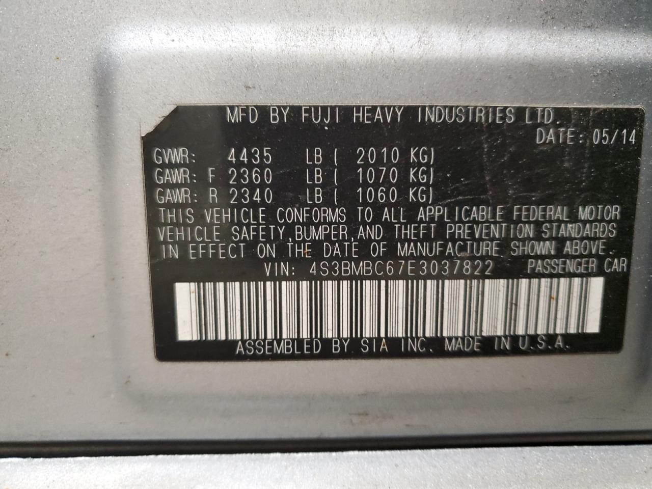 VIN 4S3BMBC67E3037822 2014 SUBARU LEGACY no.12