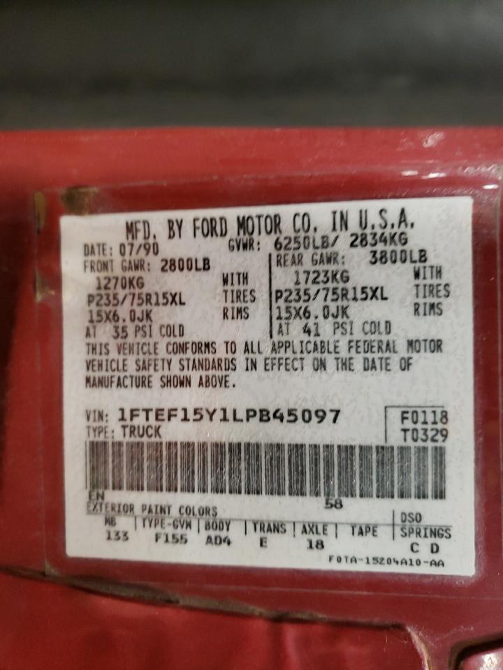 1990 Ford F150 VIN: 1FTEF15Y1LPB45097 Lot: 41983905
