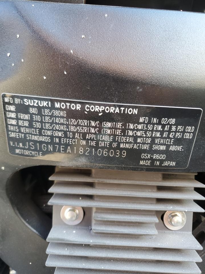 2008 Suzuki Gsx-R600 VIN: JS1GN7EA182106039 Lot: 42400935