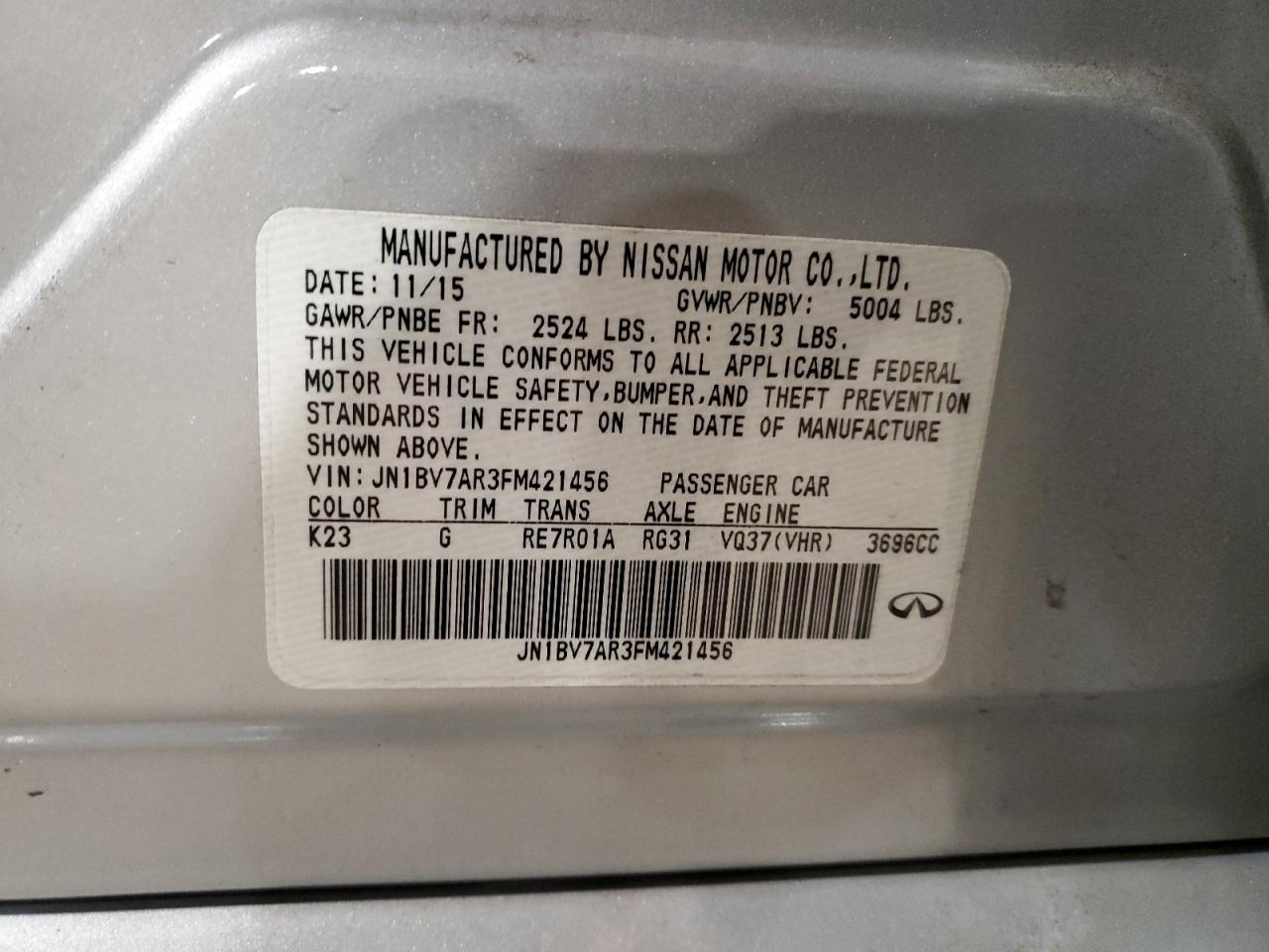 2015 Infiniti Q50 Base VIN: JN1BV7AR3FM421456 Lot: 86444414