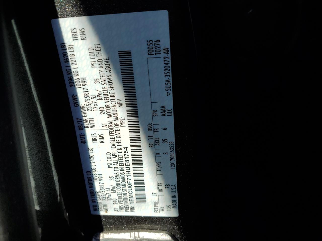 1FMCU0F71HUE81754 FORD ESCAPE 2017
