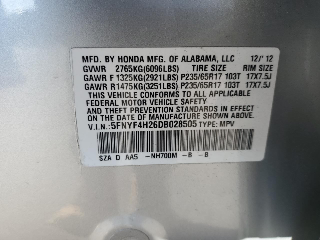 VIN 5FNYF4H26DB028505 2013 HONDA PILOT no.14