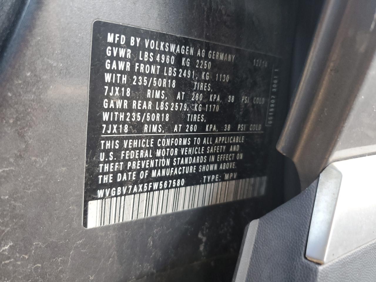 2015 Volkswagen Tiguan S VIN: WVGBV7AX5FW567580 Lot: 86797724