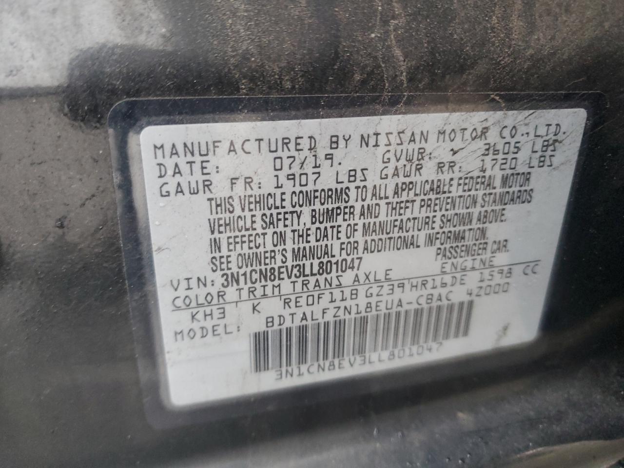 3N1CN8EV3LL801047 NISSAN VERSA 2020