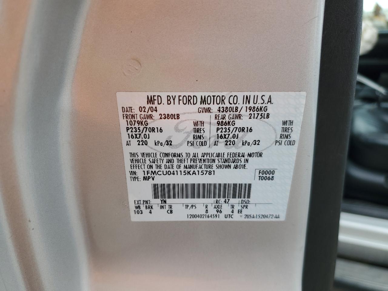 2005 Ford Escape Limited VIN: 1FMCU04115KA15781 Lot: 89275085