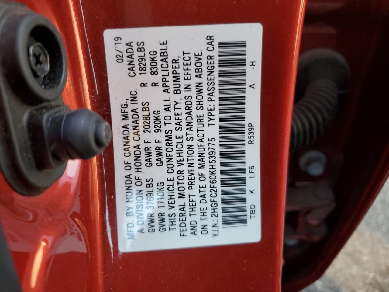 VIN 2HGFC2F60KH539775 2019 HONDA CIVIC no.13