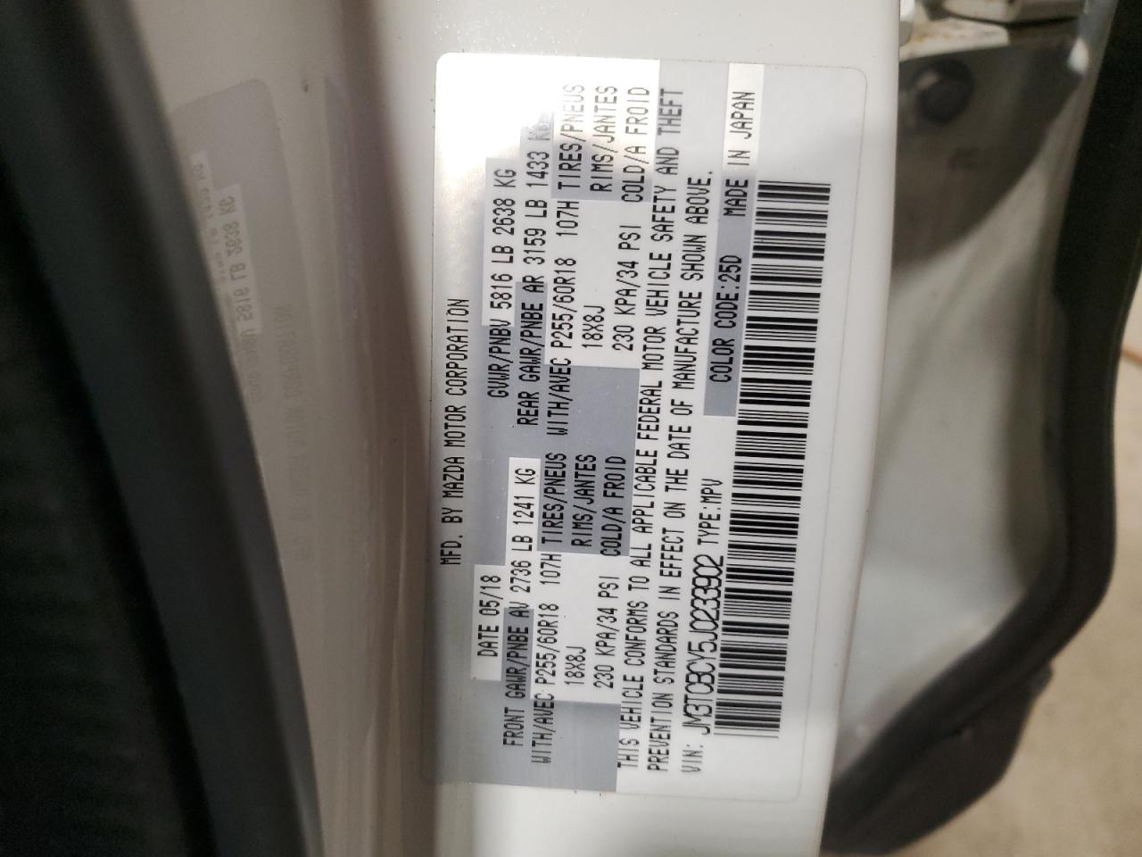 2018 Mazda Cx-9 Touring VIN: JM3TCBCY5J0233902 Lot: 87733445