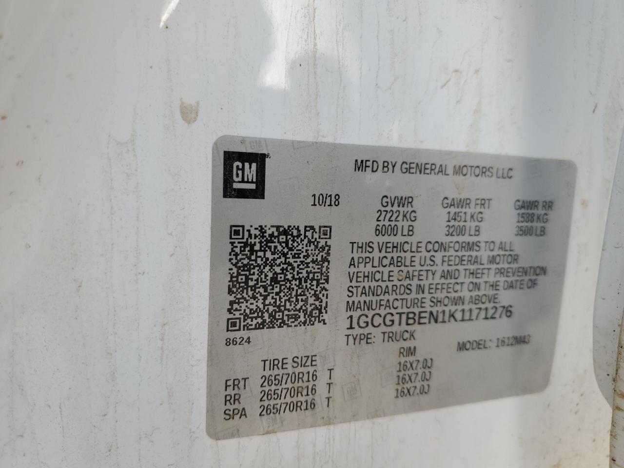 1GCGTBEN1K1171276 CHEVROLET COLORADO 2019