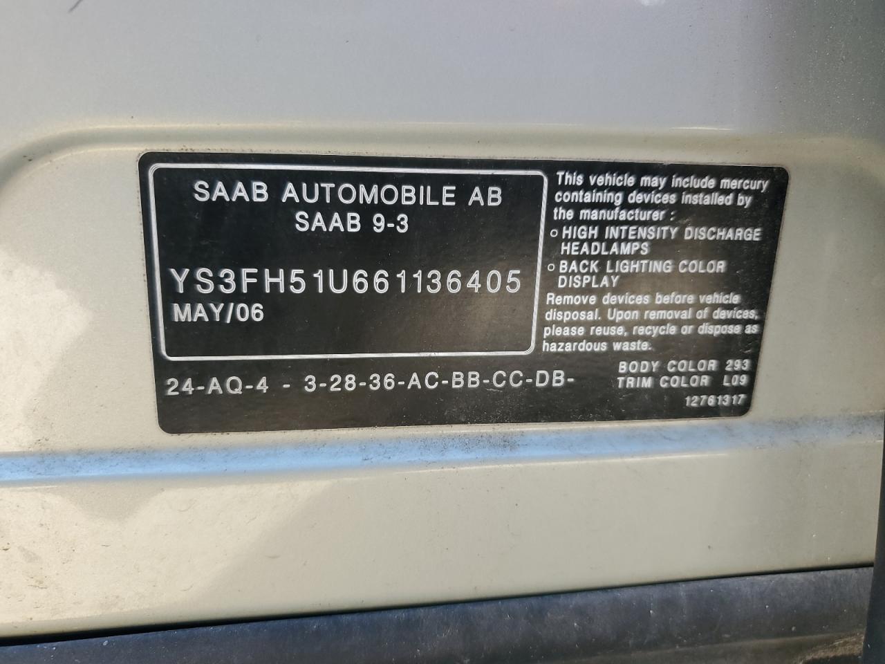 2006 Saab 9-3 Aero VIN: YS3FH51U661136405 Lot: 87213894