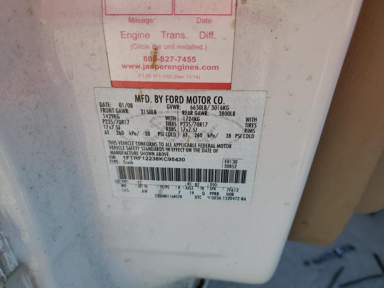 2008 Ford F150 VIN: 1FTRF12238KC95430 Lot: 88944525