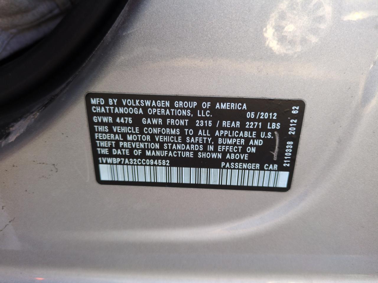 2012 Volkswagen Passat Se VIN: 1VWBP7A32CC094582 Lot: 88244985