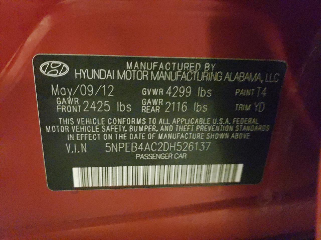 2013 Hyundai Sonata Gls VIN: 0LDL0TAC2DH526137 Lot: 42802905