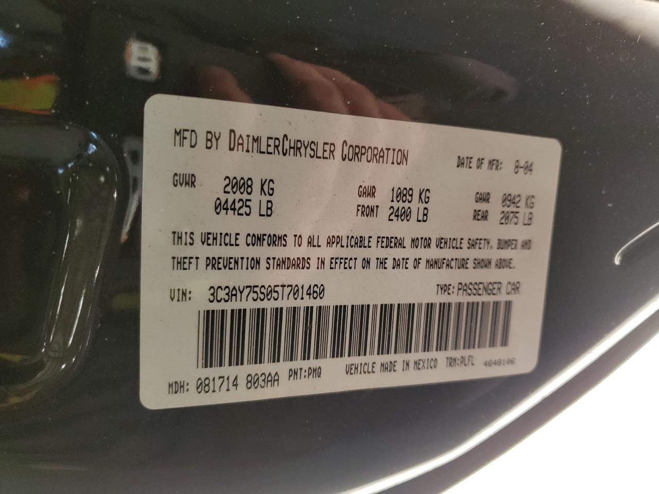 2005 Chrysler Pt Cruiser Gt VIN: 3C3AY75S05T701460 Lot: 88054105