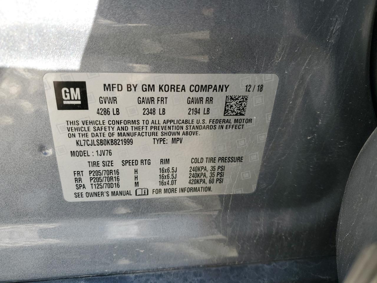 2019 Chevrolet Trax 1Lt VIN: KL7CJLSB0KB821999 Lot: 56777505