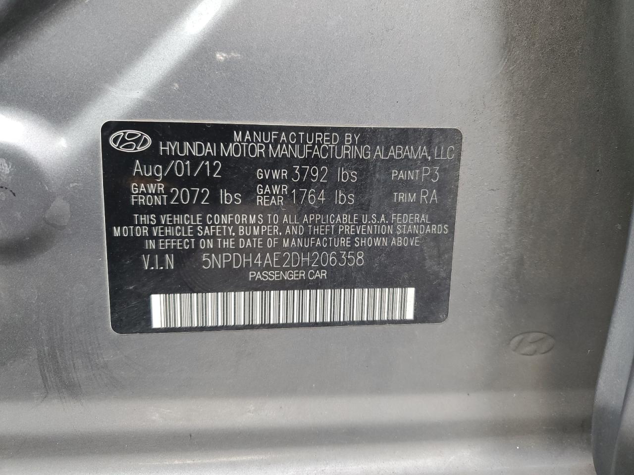 2013 Hyundai Elantra Gls VIN: 5NPDH4AE2DH206358 Lot: 89122045