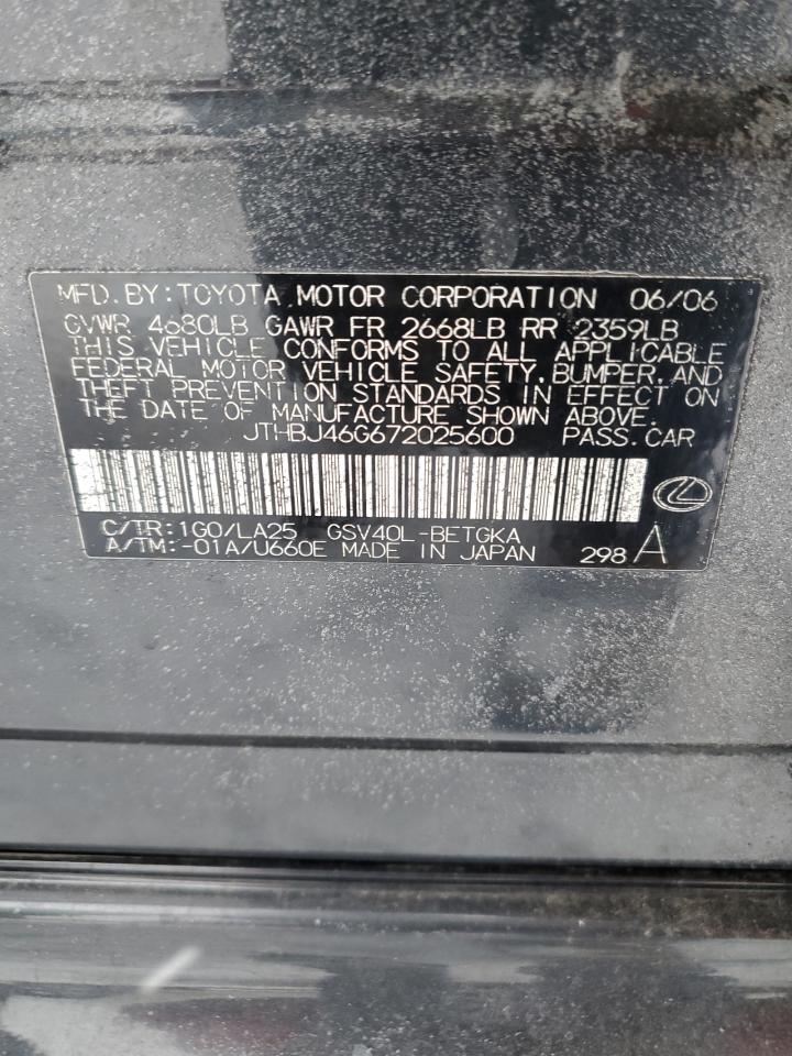 2007 Lexus Es 350 VIN: JTHBJ46G672025600 Lot: 88690555