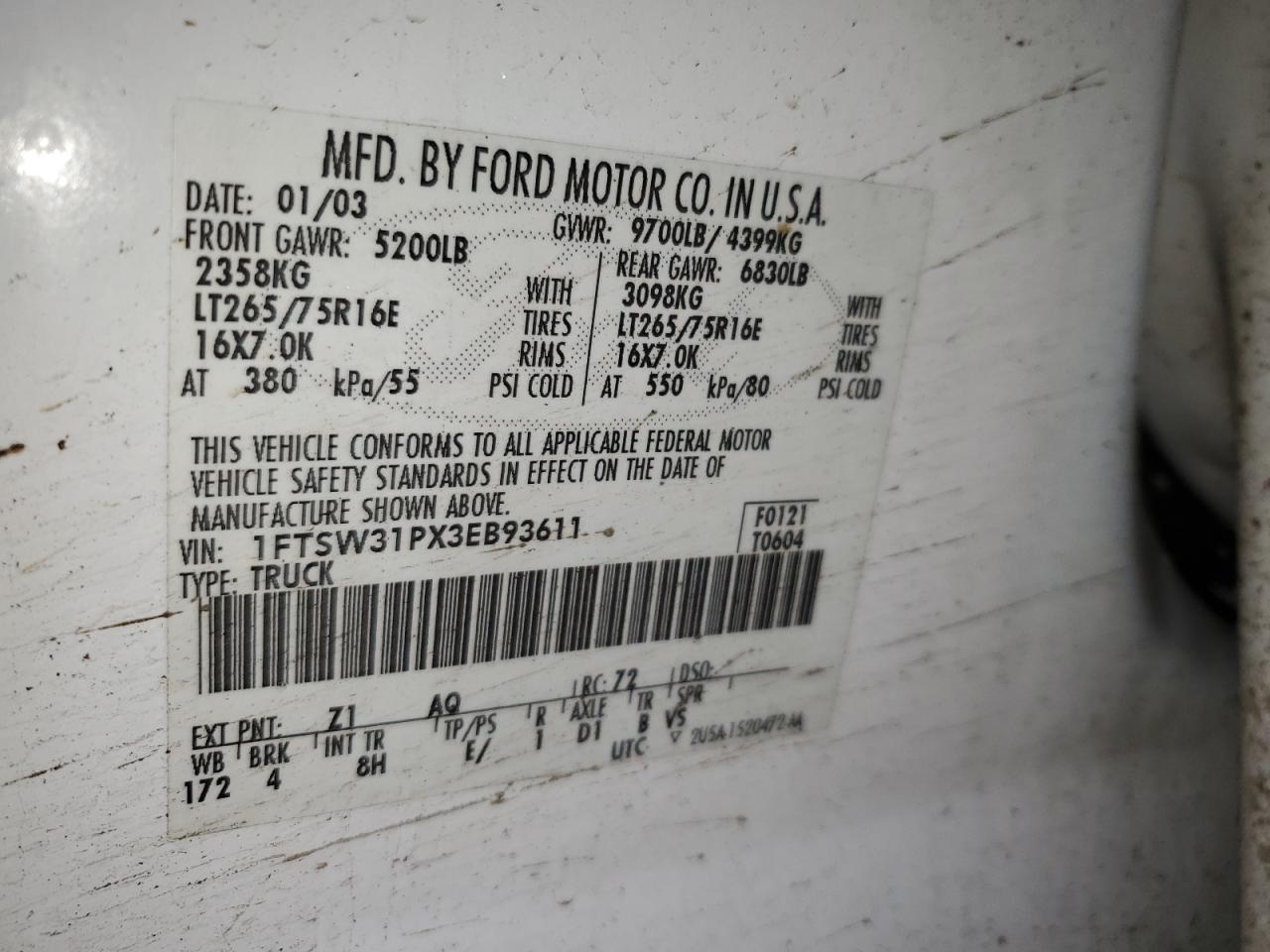 2003 Ford F350 Srw Super Duty VIN: 1FTSW31PX3EB93611 Lot: 88490555