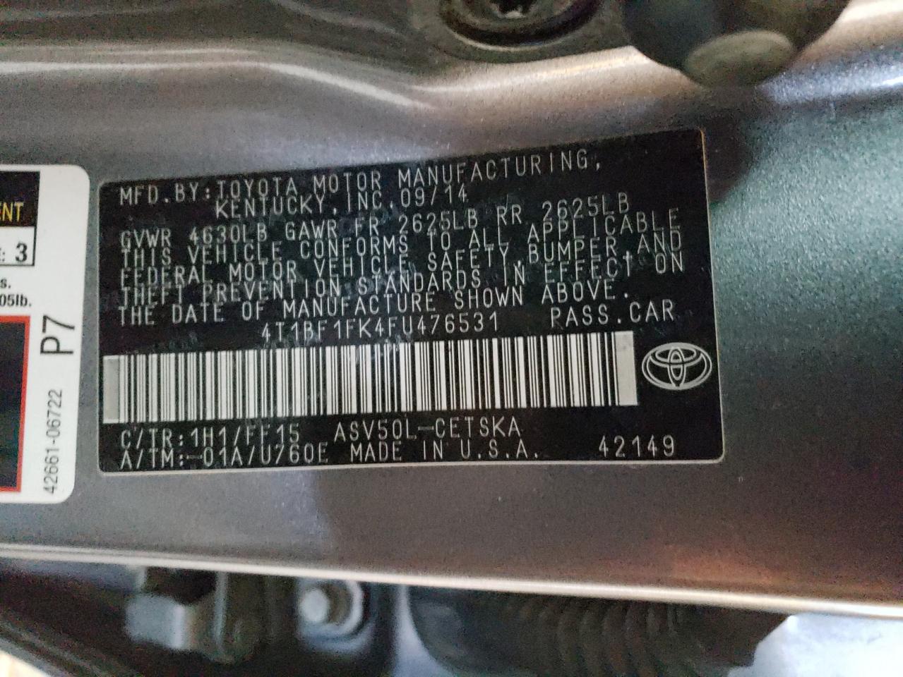 VIN 4T1BF1FK4FU476531 2015 TOYOTA CAMRY no.12