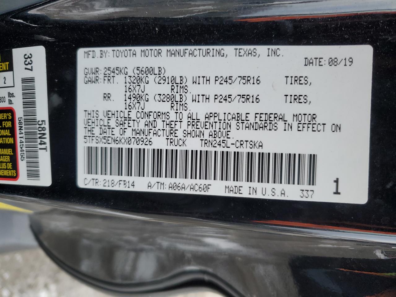 VIN 5TFSX5EN6KX070926 2019 TOYOTA TACOMA no.12