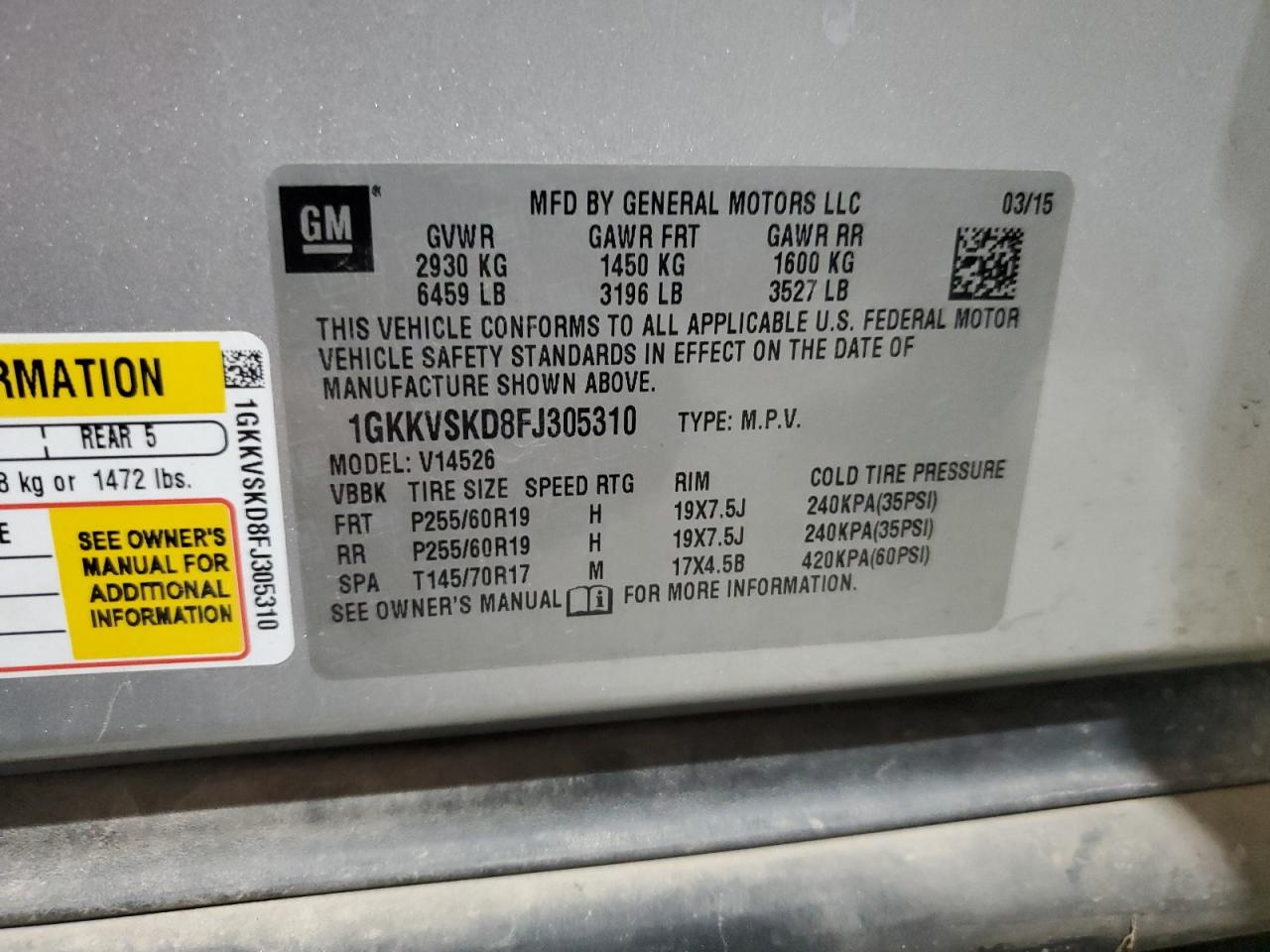 2015 GMC Acadia Slt-2 VIN: 1GKKVSKD8FJ305310 Lot: 41441535