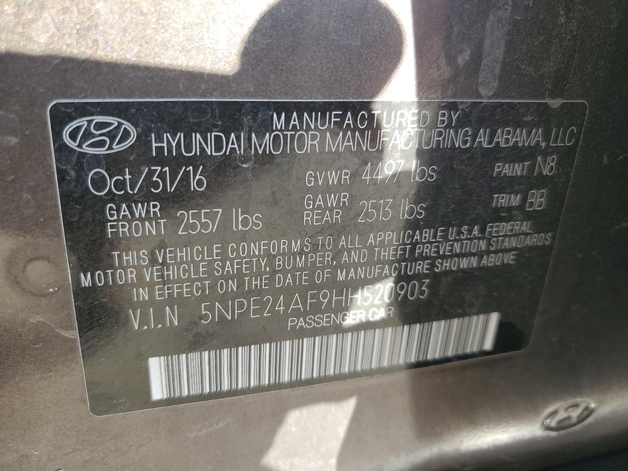 VIN 5NPE24AF9HH520903 2017 HYUNDAI SONATA no.12