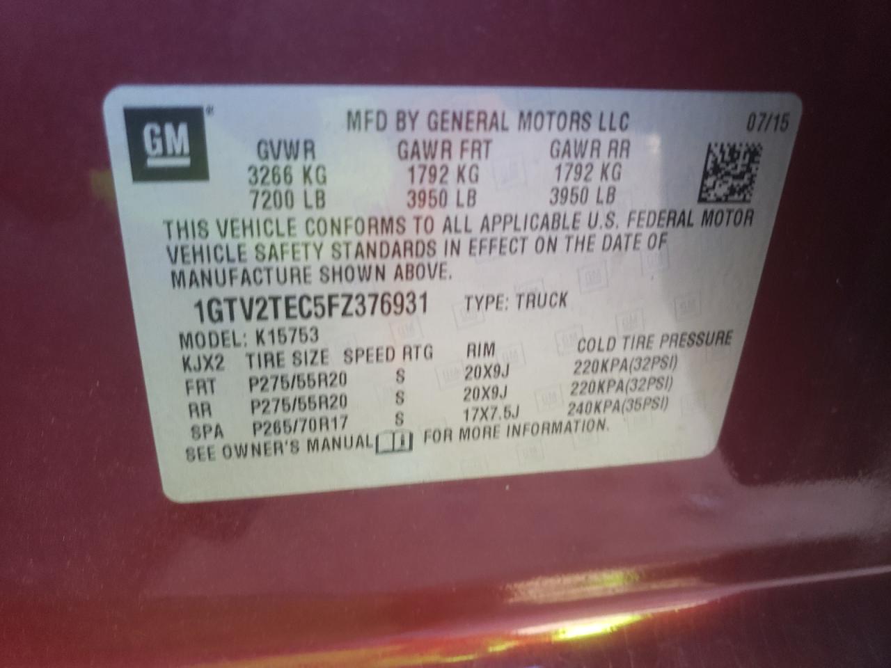 VIN 1GTV2TEC5FZ376931 2015 GMC SIERRA no.12