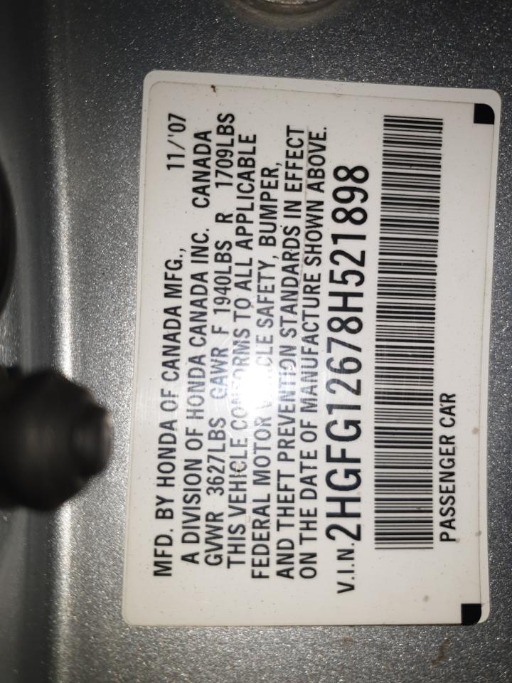 2008 Honda Civic Lx VIN: 521898 Lot: 88824935