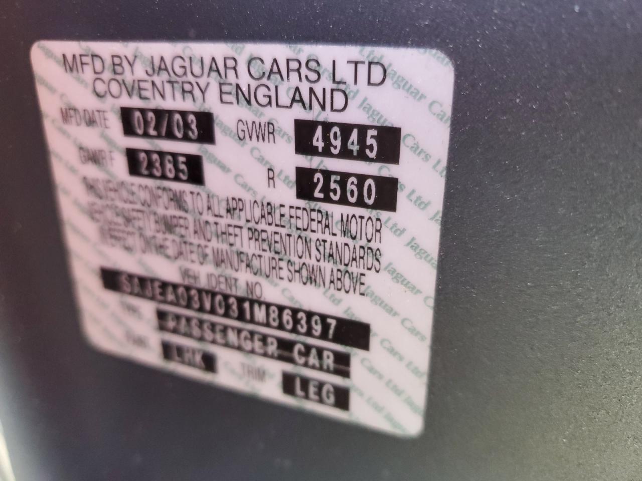 2003 Jaguar S-Type R VIN: SAJEA03V031M86397 Lot: 42800395