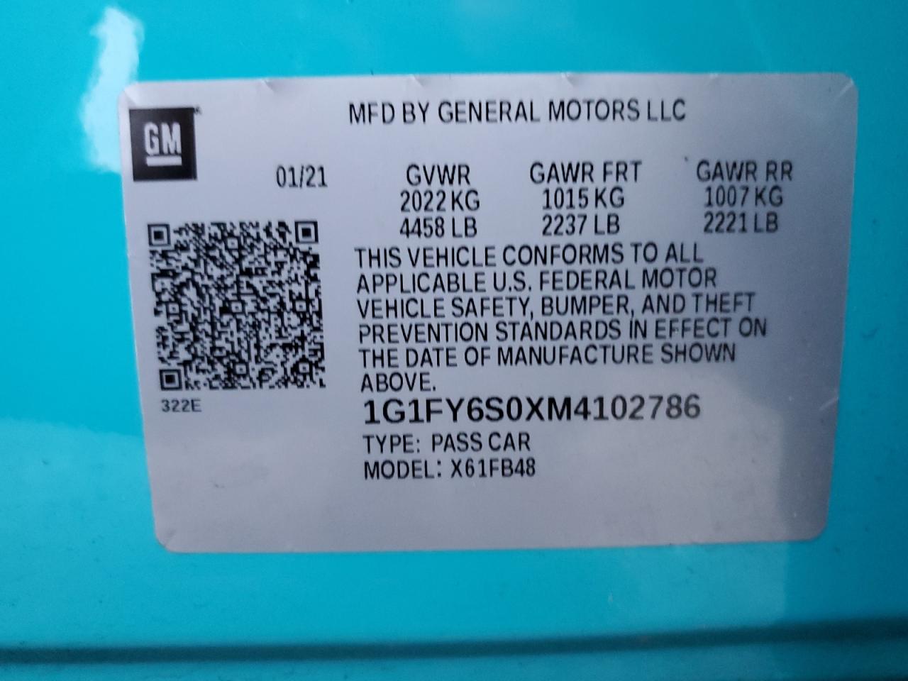 VIN 1G1FY6S0XM4102786 2021 CHEVROLET BOLT no.13