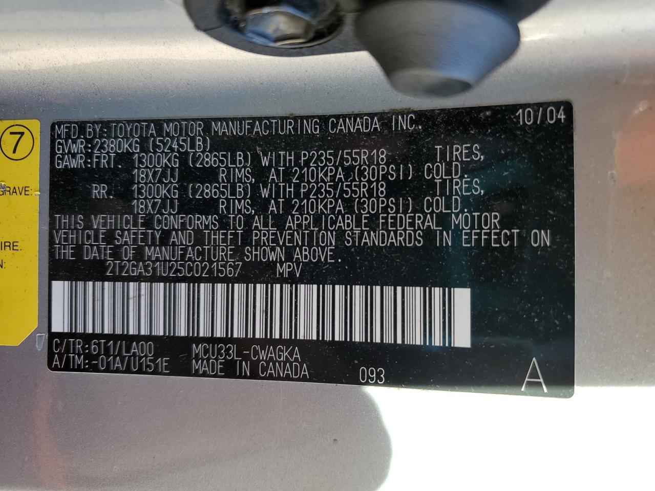 2005 Lexus Rx 330 VIN: 2T2GA31U25C021567 Lot: 87409954