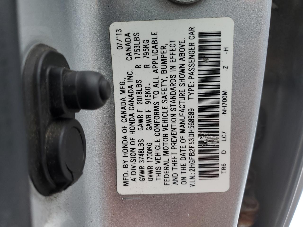 VIN 2HGFB2F53DH568989 2013 HONDA CIVIC no.12