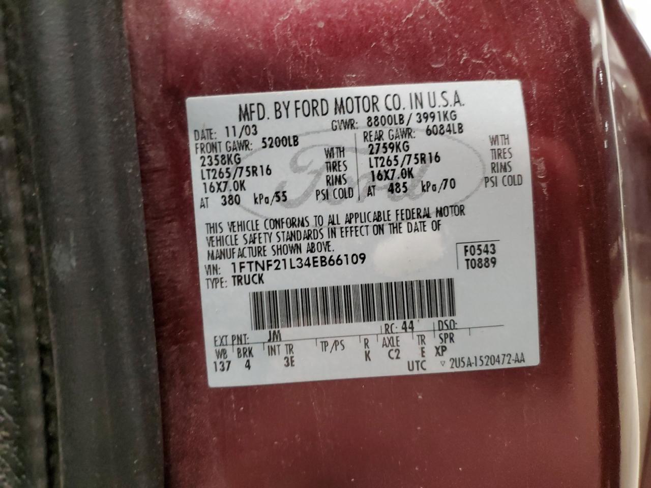 2004 Ford F250 Super Duty VIN: 1FTNF21L34EB66109 Lot: 87381434