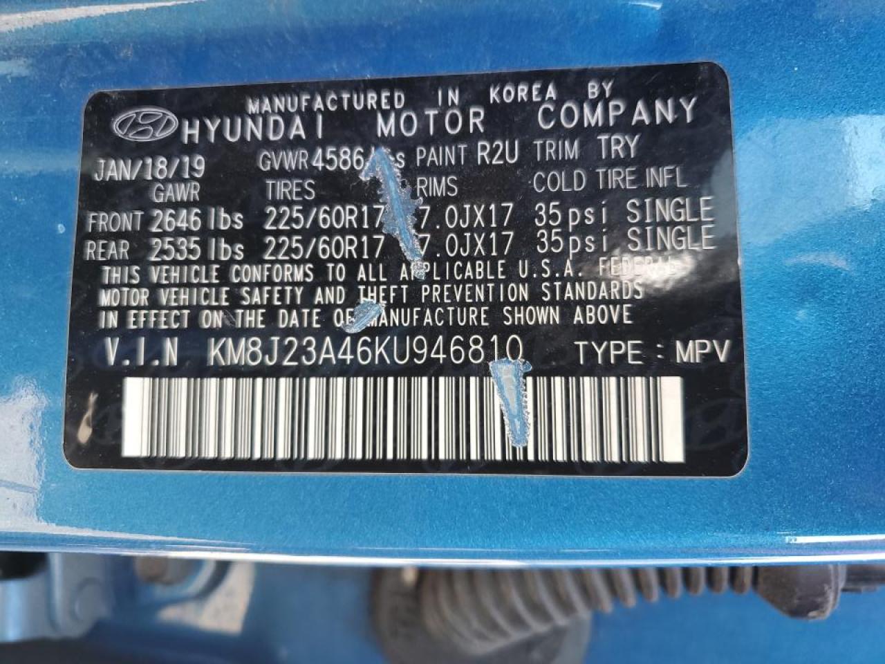 2019 Hyundai Tucson Se VIN: KM8J23A46KU946810 Lot: 87542655