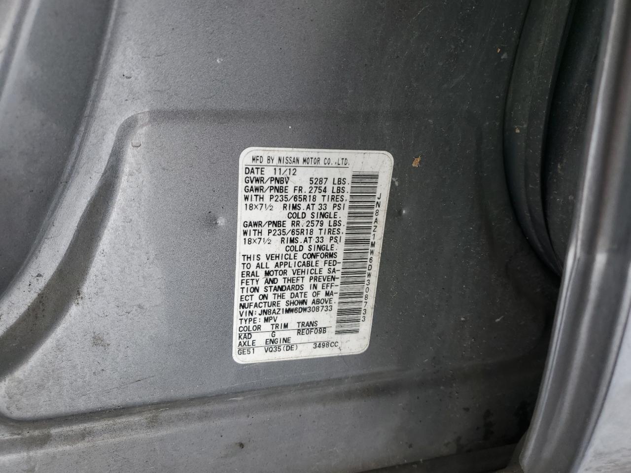 2013 Nissan Murano S VIN: JN8AZ1MW6DW308733 Lot: 88462275