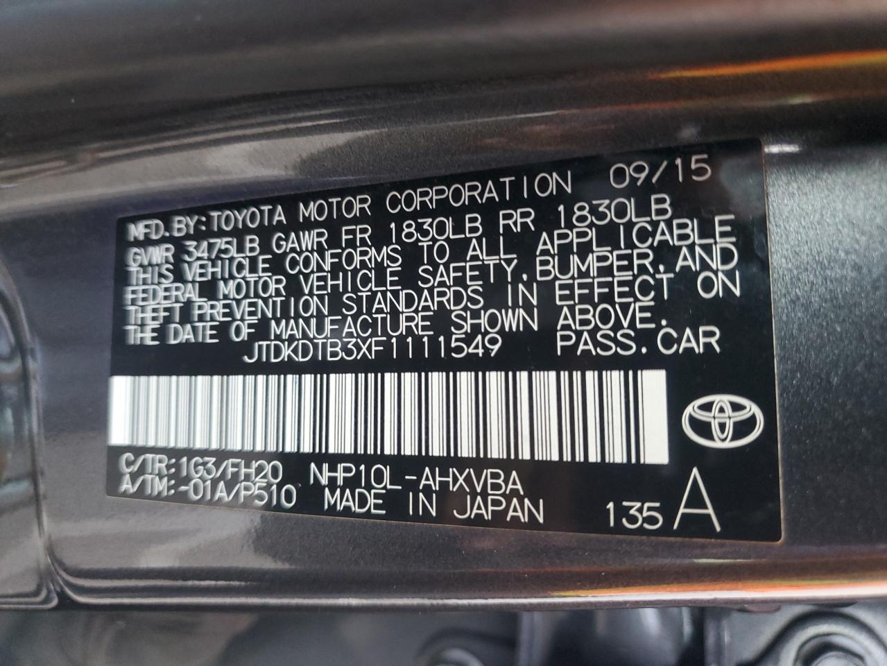 VIN JTDKDTB3XF1111549 2015 TOYOTA PRIUS no.12