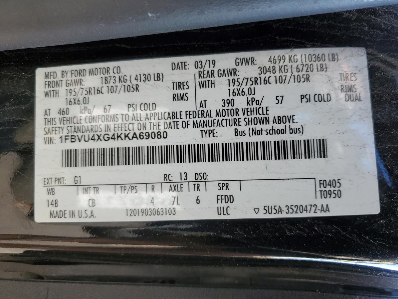 2019 Ford Transit T-350 Hd VIN: 1FBVU4XG4KKA69080 Lot: 89171255