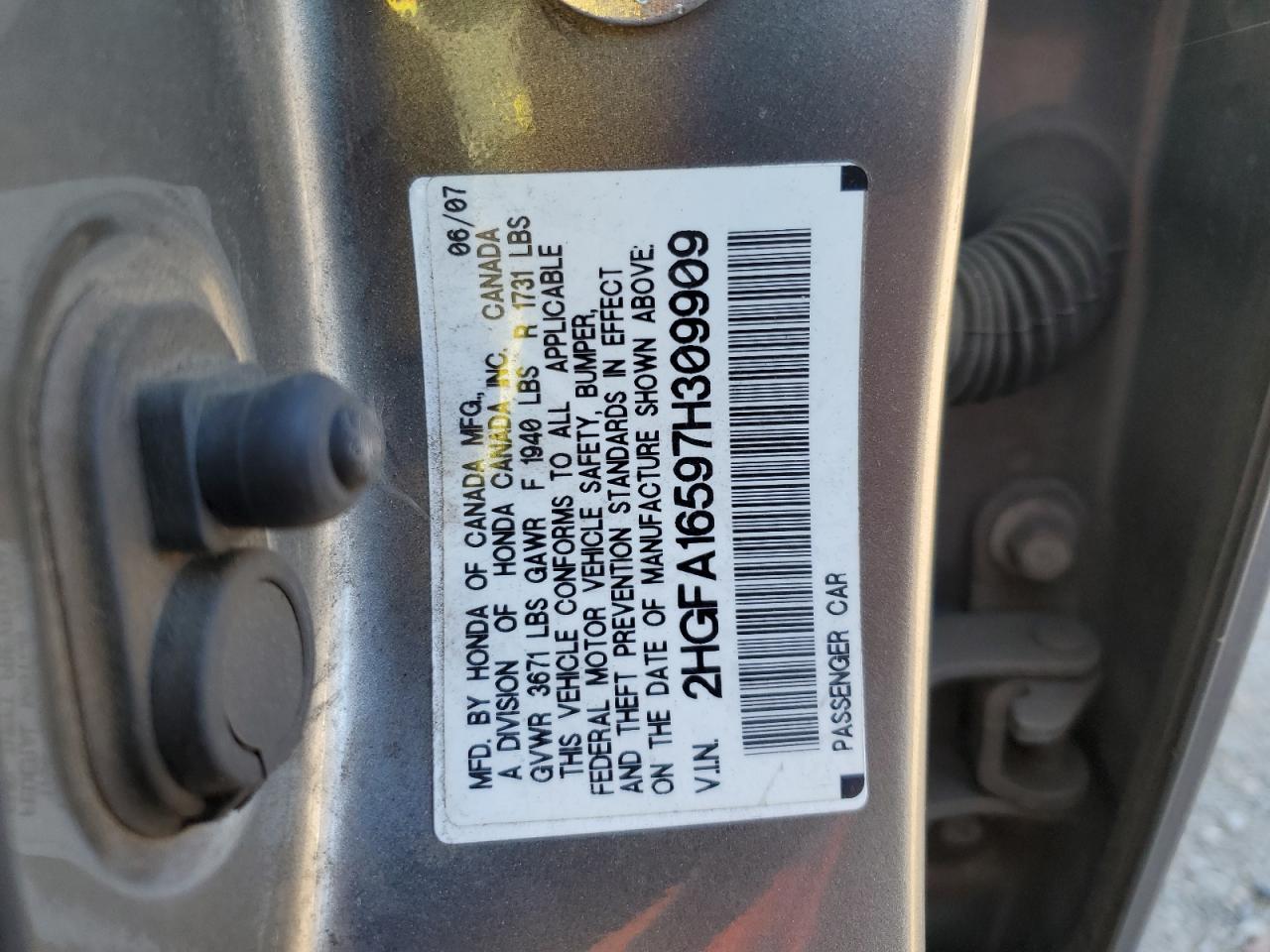 2007 Honda Civic Lx VIN: 2HGFA16597H309909 Lot: 43074025