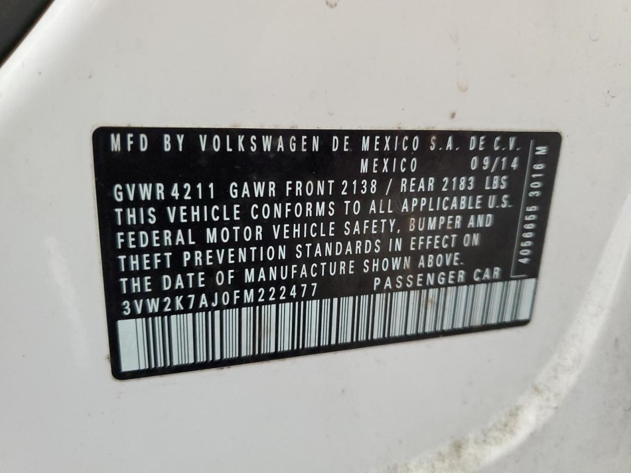 2015 Volkswagen Jetta Base VIN: 3VW2K7AJ0FM222477 Lot: 43012105